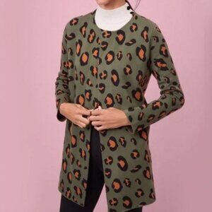 EUC Ann Taylor Olive Green Animal Leopard Print Longline Open Cardigan Womens XS